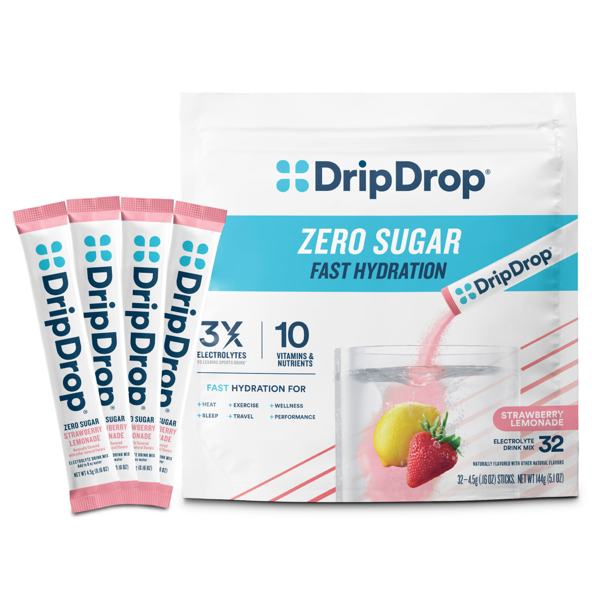 DripDrop Zero Sugar Strawberry Lemonade Electrolyte Powder, 8 oz sticks, 32 count